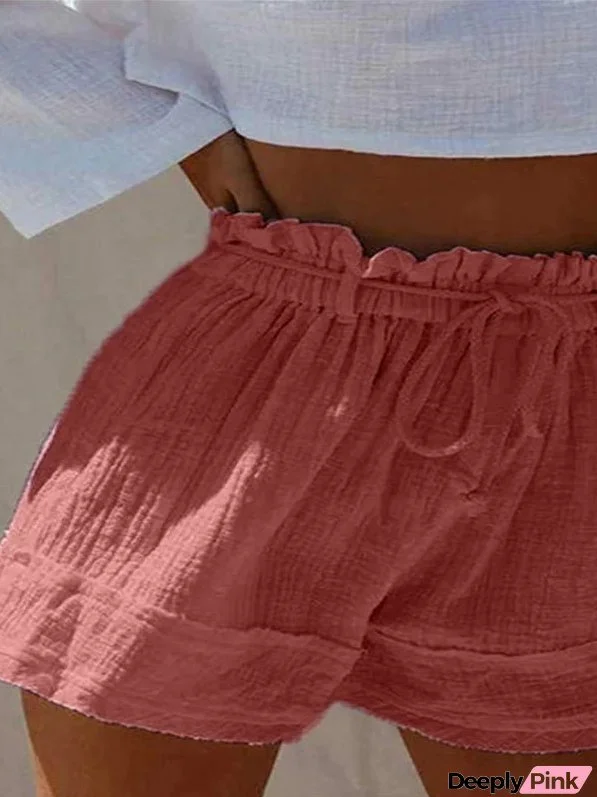 Shorts Solid Elastic Waist Cotton Linen Shorts for Women