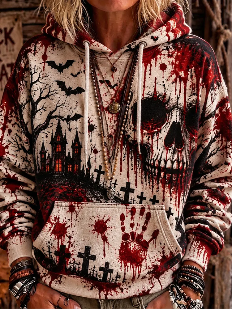 Comstylish Women's Gothic-style Hoodie With Skull, Castle, And Blood-drip Print For Halloween