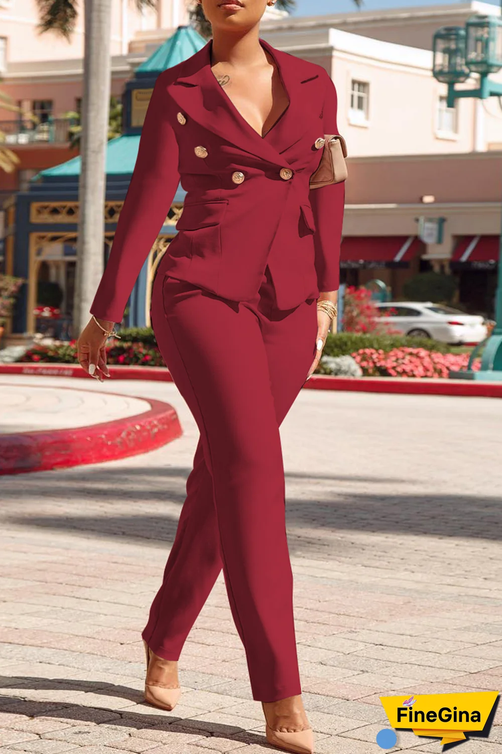 Pink Fashion Solid Buckle Turndown Collar Long Sleeve Two Pieces