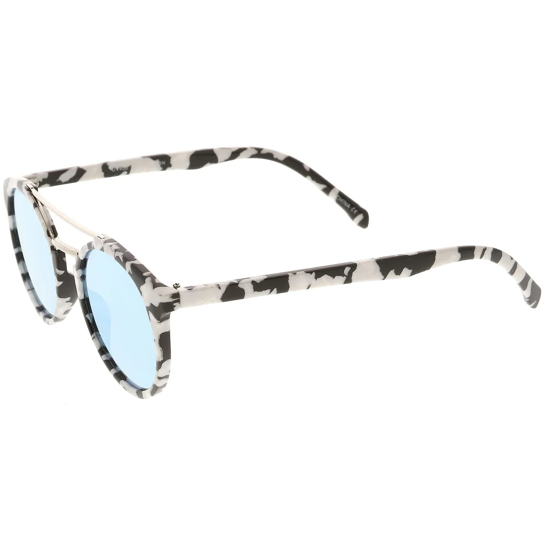 Modern Horn Rimmed glasses Marble Print Double Crossbar Round Flat Lens 50mm