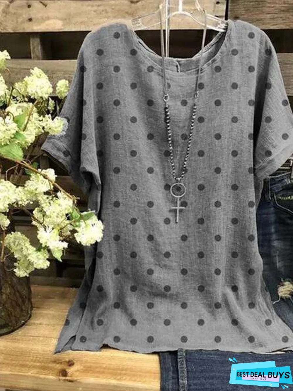 Cotton-Blend Casual Short Sleeve Polka Dots Tops