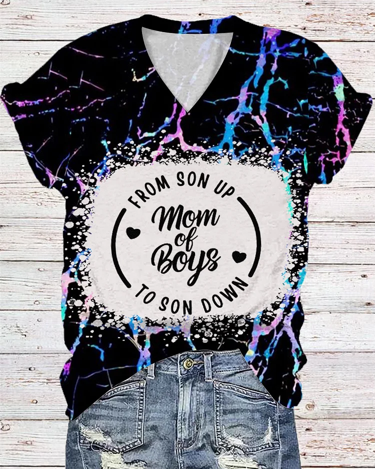 Mom Of Boys Print V Neck Short Sleeve T-shirt