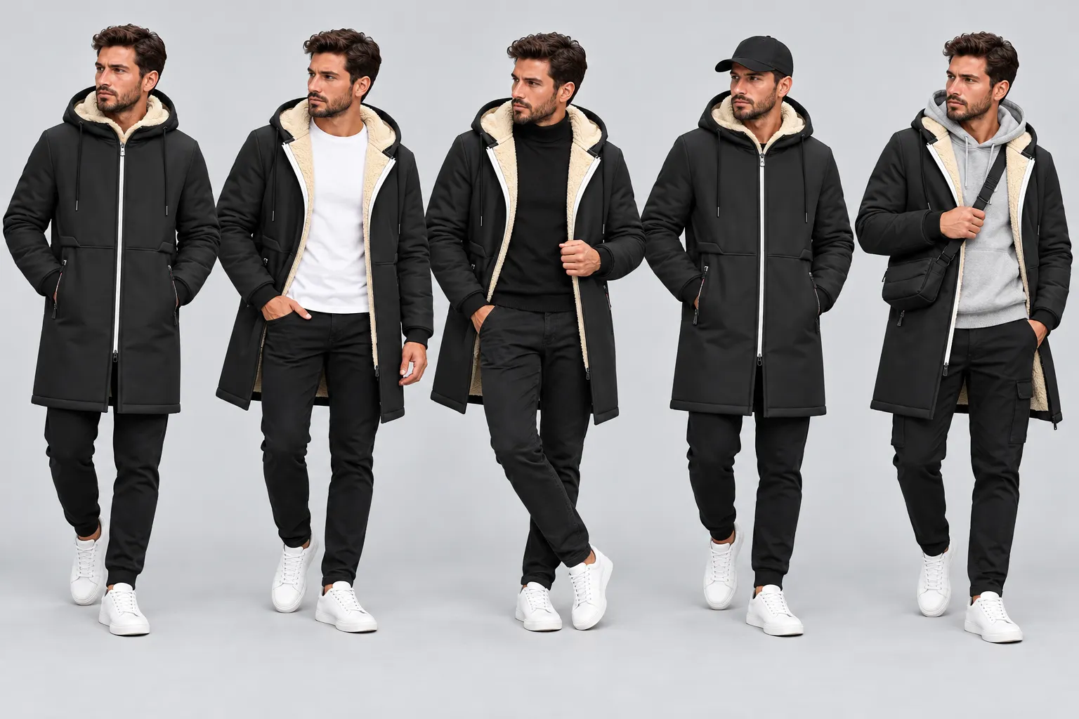 The hooded shearling-lined coat styled with turtlenecks, tees, hoodies and caps