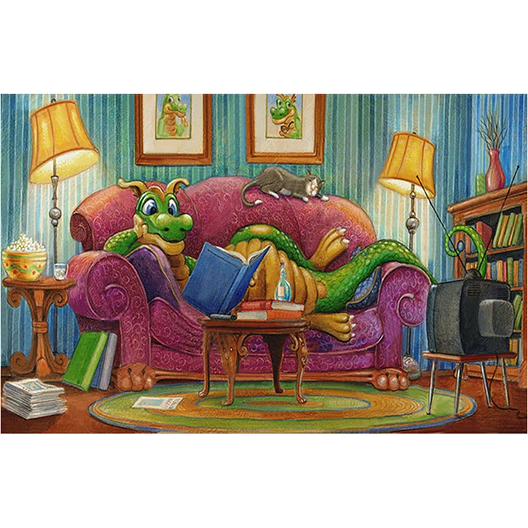 Green Dragon Lying On The Sofa Reading 60*40CM (Canvas) Full Round Drill Diamond Painting gbfke