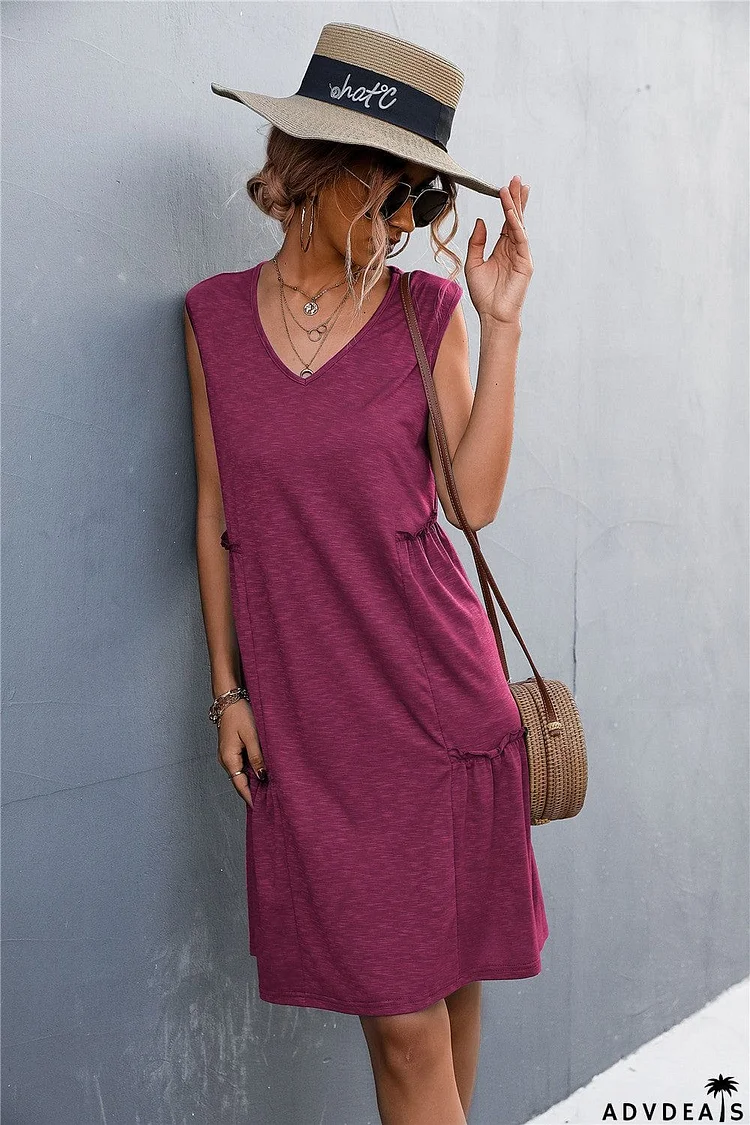 V-Neck Frill Trim Sleeveless Dress