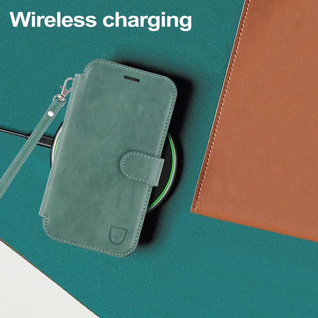 VANAVAGY Compatible for iPhone 16 Wallet Case for Magsafe Wireless Charging,Leather Flip Folio Wrist [Glass Screen Protectors & Camera Lens Protectors] with RFID Block Card Holder