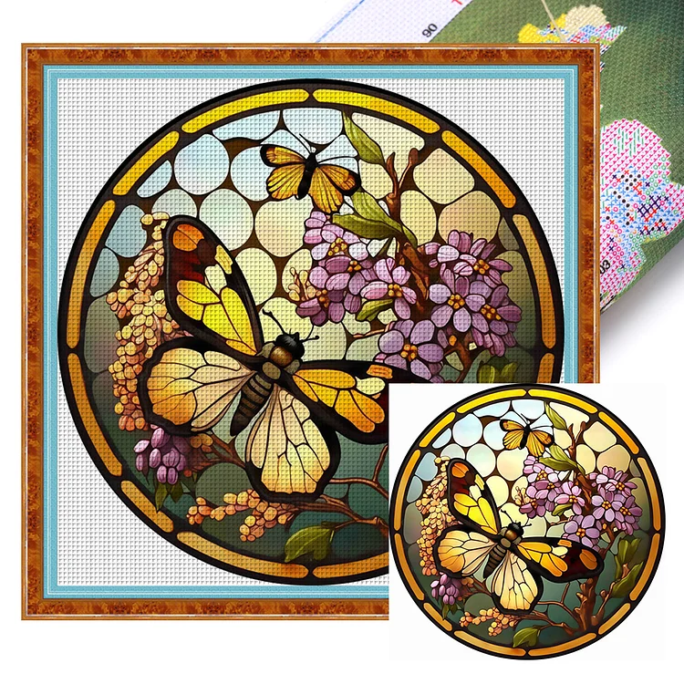 【Huacan Brand】Glass Art- Butterfly 18CT Stamped Cross Stitch 20*20CM