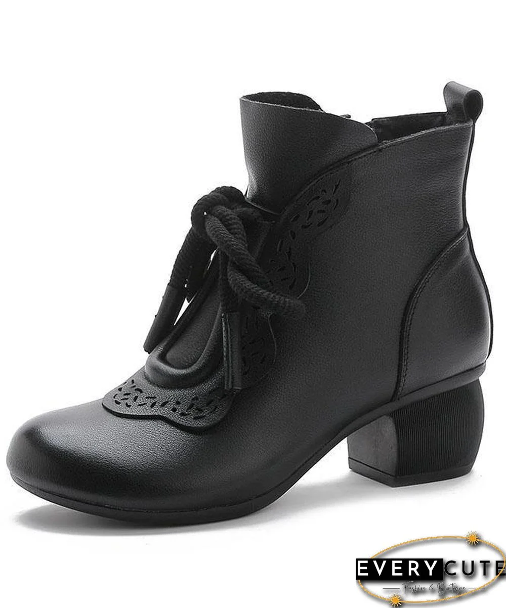 Black zippered Cowhide Leather Boots Lace Up Boots