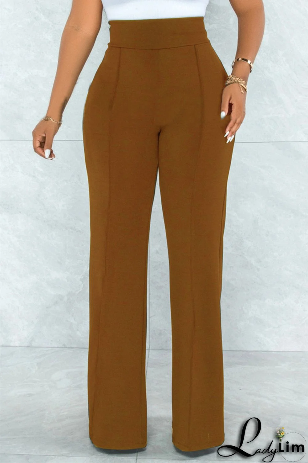 White Fashion Casual Solid Basic Regular High Waist Trousers