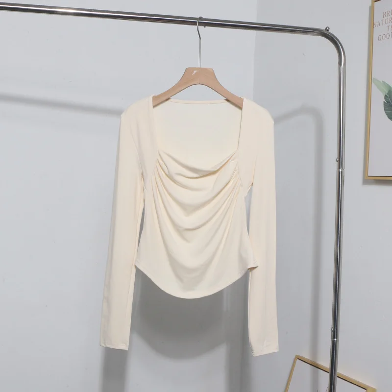 Uveng French Style Long-Sleeved T-Shirt Girl Autumn And Winter Collar Folded Folded Body Inside The Bottom Shirt Top 1665