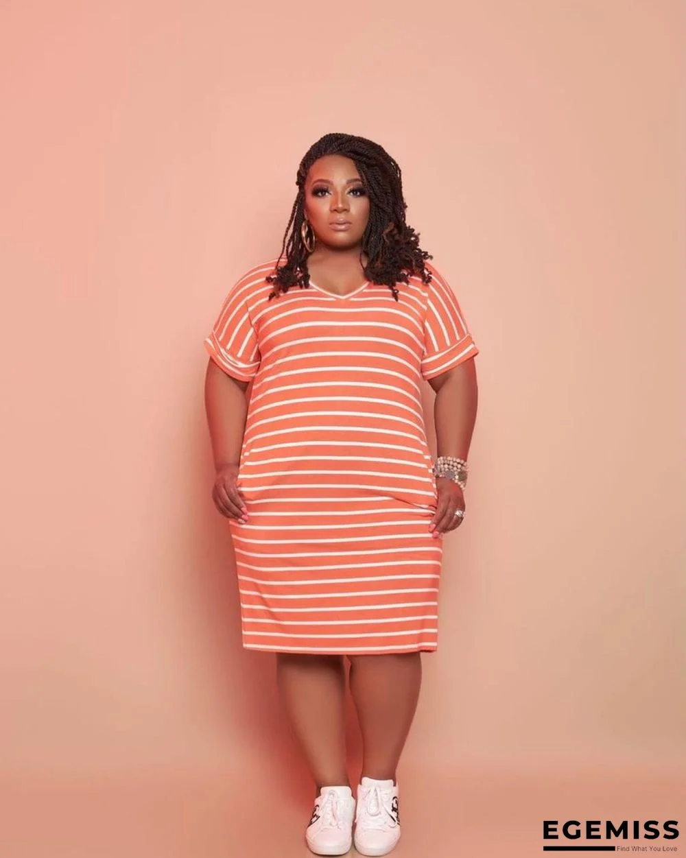 Yellow Fashion Casual Plus Size Striped Print Without Belt V Neck Short Sleeve Dress | EGEMISS