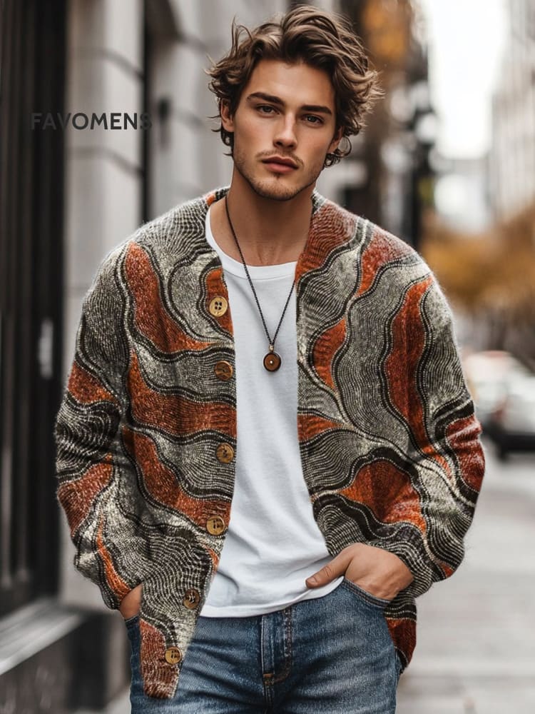 Abstract Vintage Art Patterne Stripe Print Buttoned Cardigan Sweater Multicolor / S