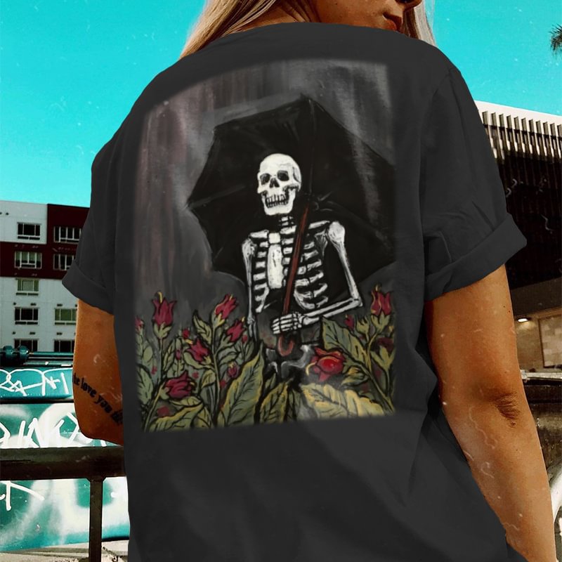 Skull Walking In Rain Flower Printed Women's T-shirt