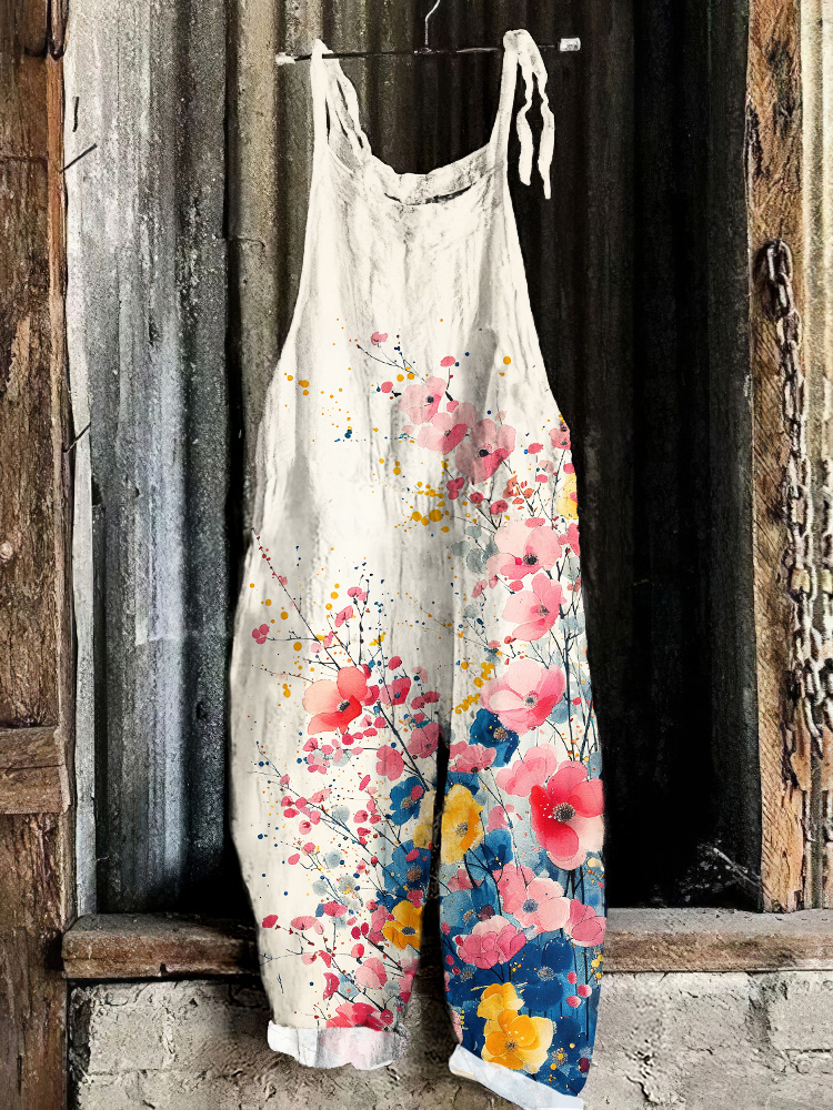 Comstylish Flowers Vintage Art Print Linen Loose Casual Jumpsuit