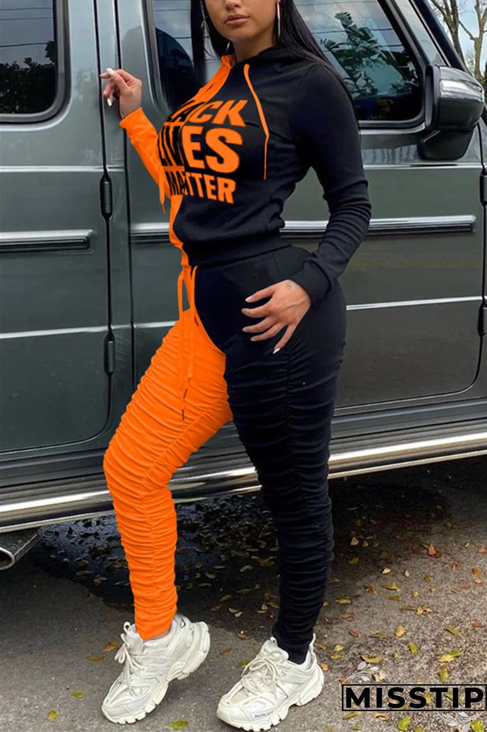 Tangerine Street Print Fold Hooded Collar Long Sleeve Regular Sleeve Regular Two Pieces