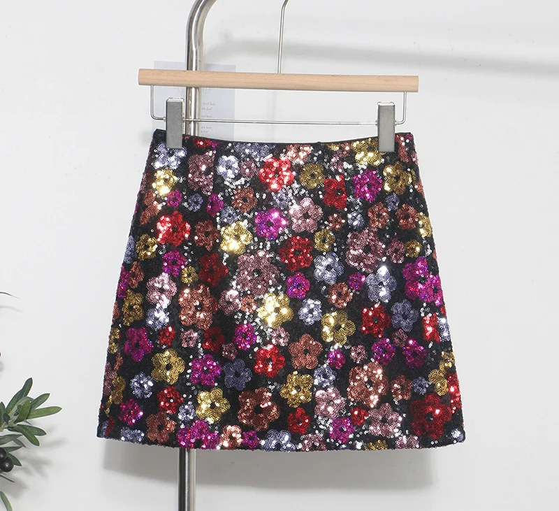 Nigikala Nigikala Heavy Industry Lighting Flowers A-Word Skirt High Waist Thin Ass Anti-Light Short Skirt Women 8158