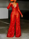 Red Crochet Long Sleeves Jumpsuits