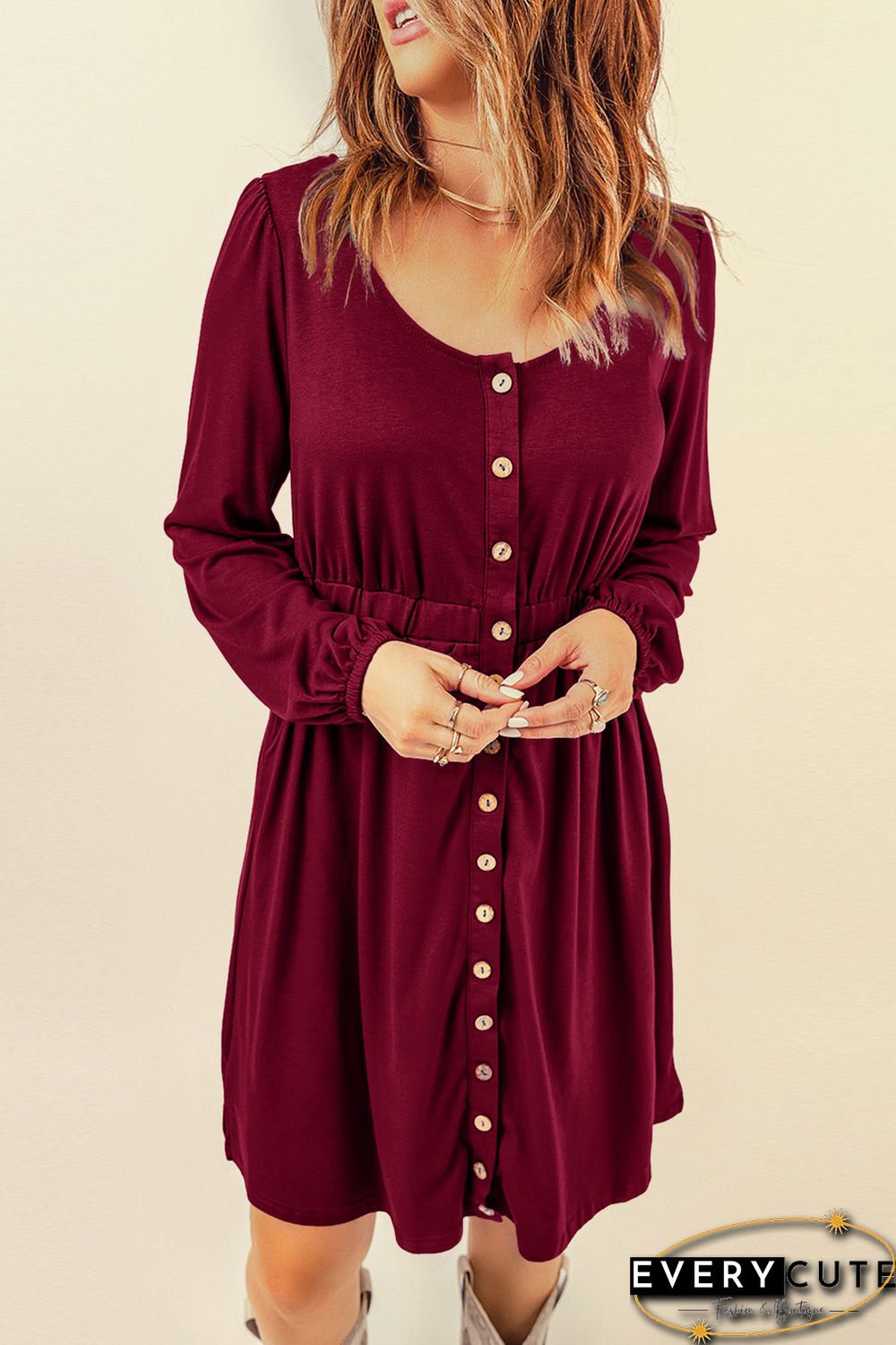 Wine Button Up High Waist Long Sleeve Dress