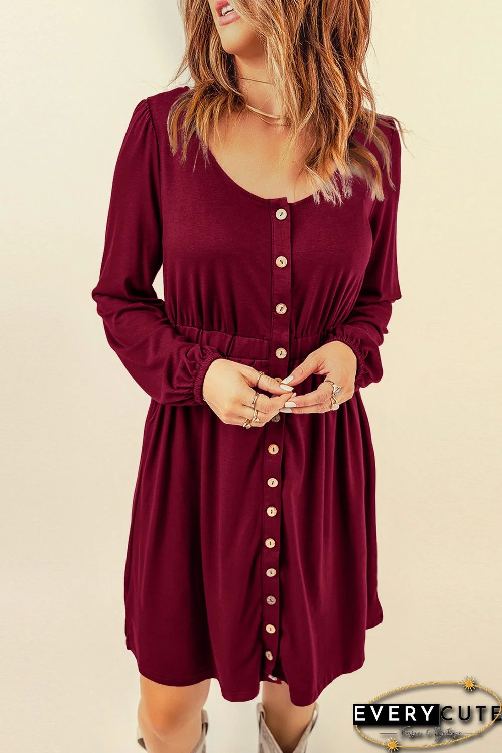 Wine Button Up High Waist Long Sleeve Dress
