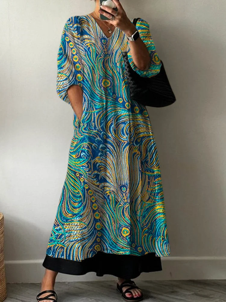 Women's Vintage Lovely Feather Art Print Pocket V-neck Cotton Dress