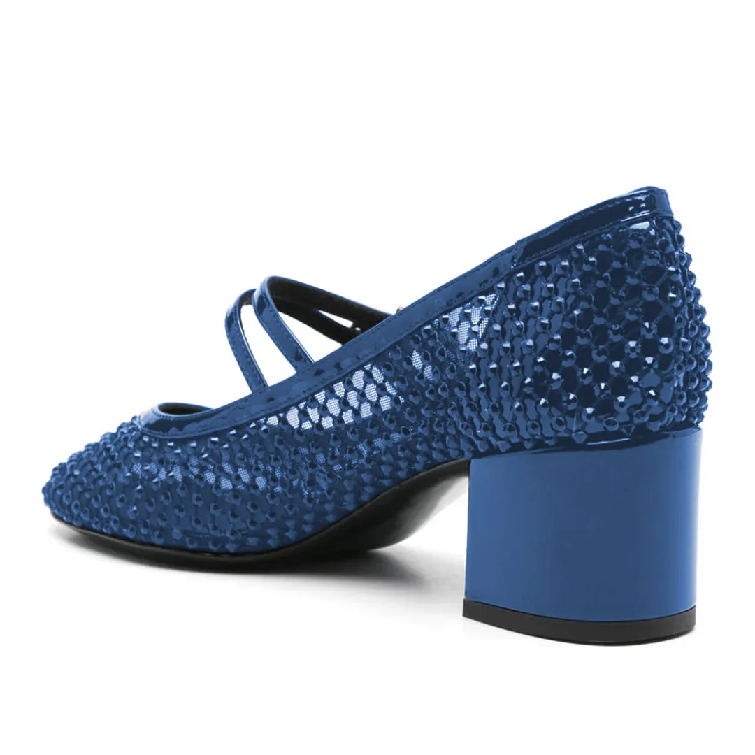Mesh Buckle Fastening Metallic Finish Strap Mary Janes in Blue