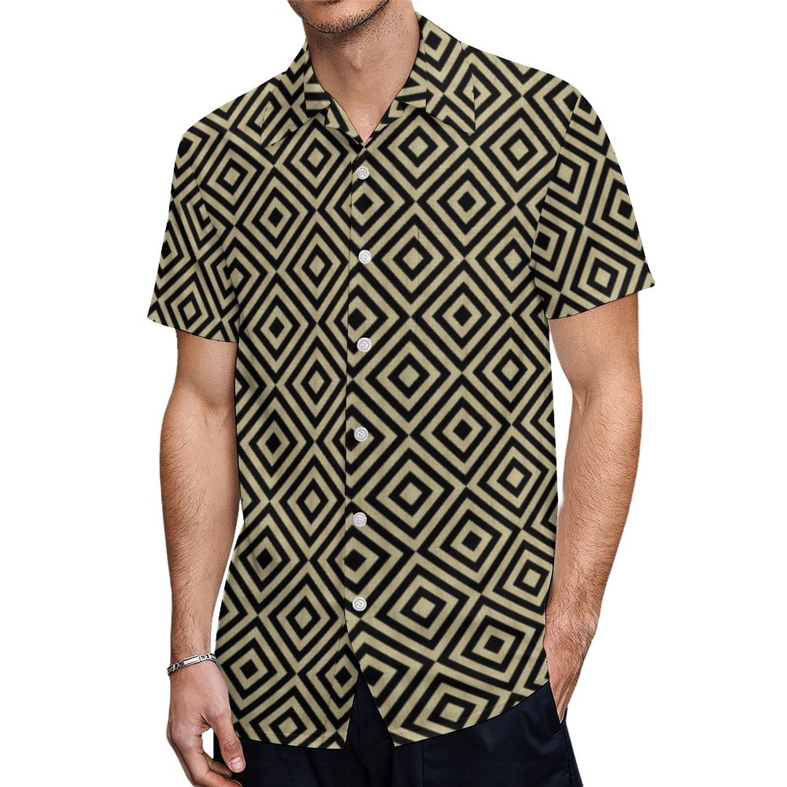 Elegant Modern Gold Squares Diamonds Tiles Pattern Hawaiian Shirt Mens Button Down Tropical Hawaii Beach Shirts