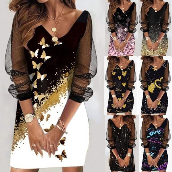 Women's Fashion Heart Print Butterfly Printing See-through Mesh Long Sleeve Stitching Dress - Shop Trendy Women's Fashion | TeeYours