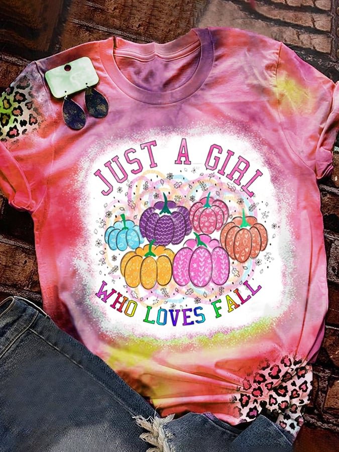 Colorful Pumpkin Casual Crew Neck Print T-Shirt