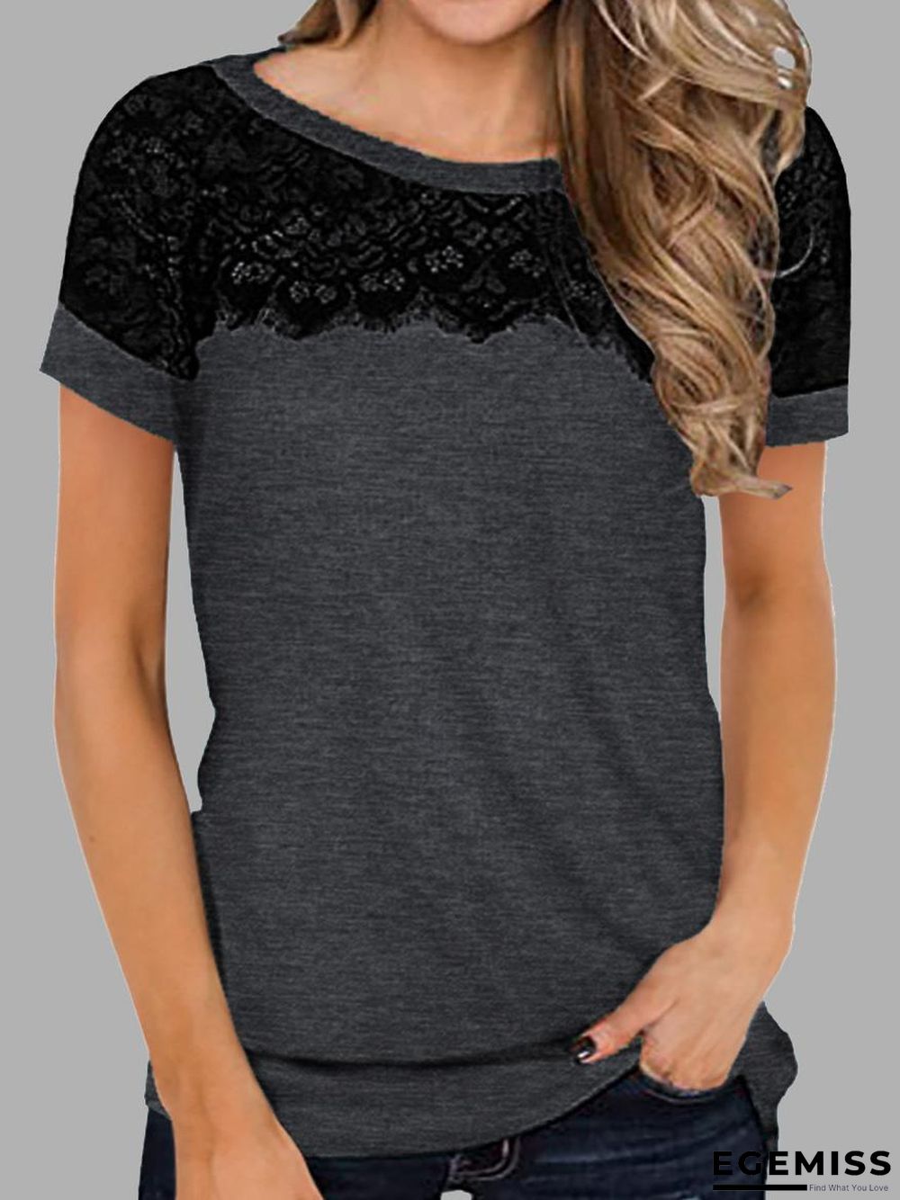 Casual Solid Color Round Neck Short Sleeve Lace Panel T-Shirt | EGEMISS