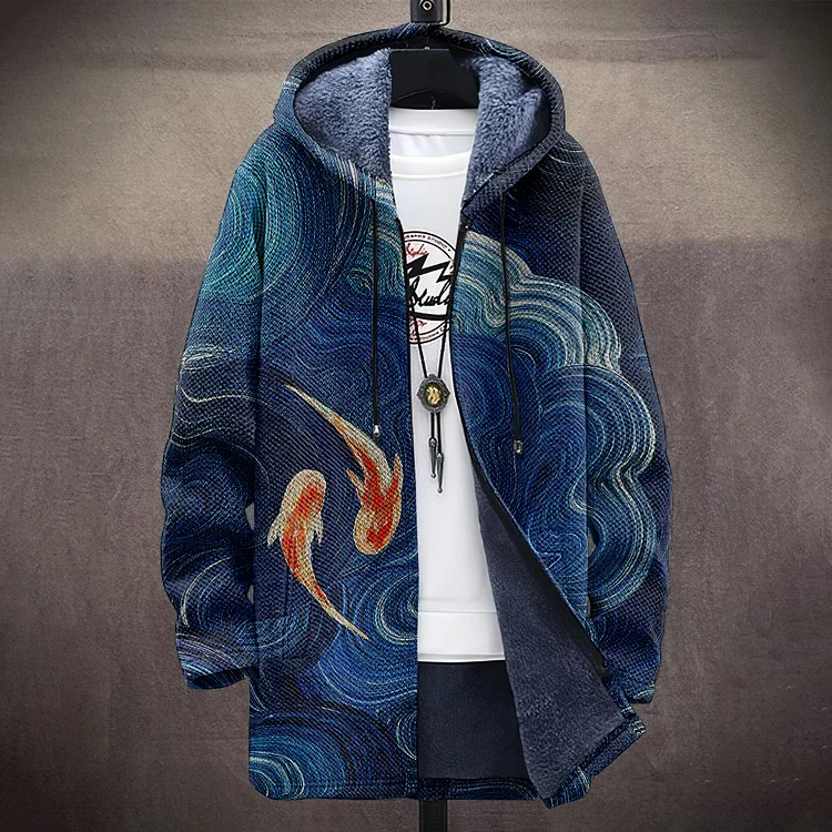 Japanese Koi Oil Painting Art Pattern Plush Men'S Jacket