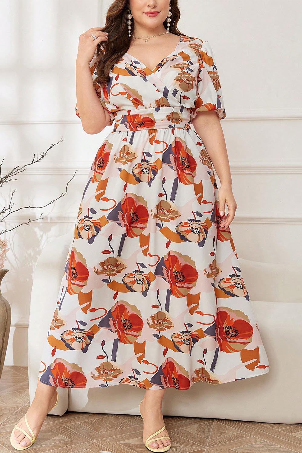 Plus Size Vacation Red Floral Print Wrap Puff Sleeve Tunic Maxi Dress 2024 - Flycurvy 