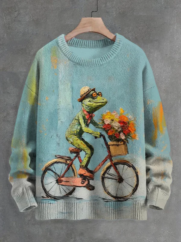 Men's Lizard on a Bike Art Print Knit Sweatshirt