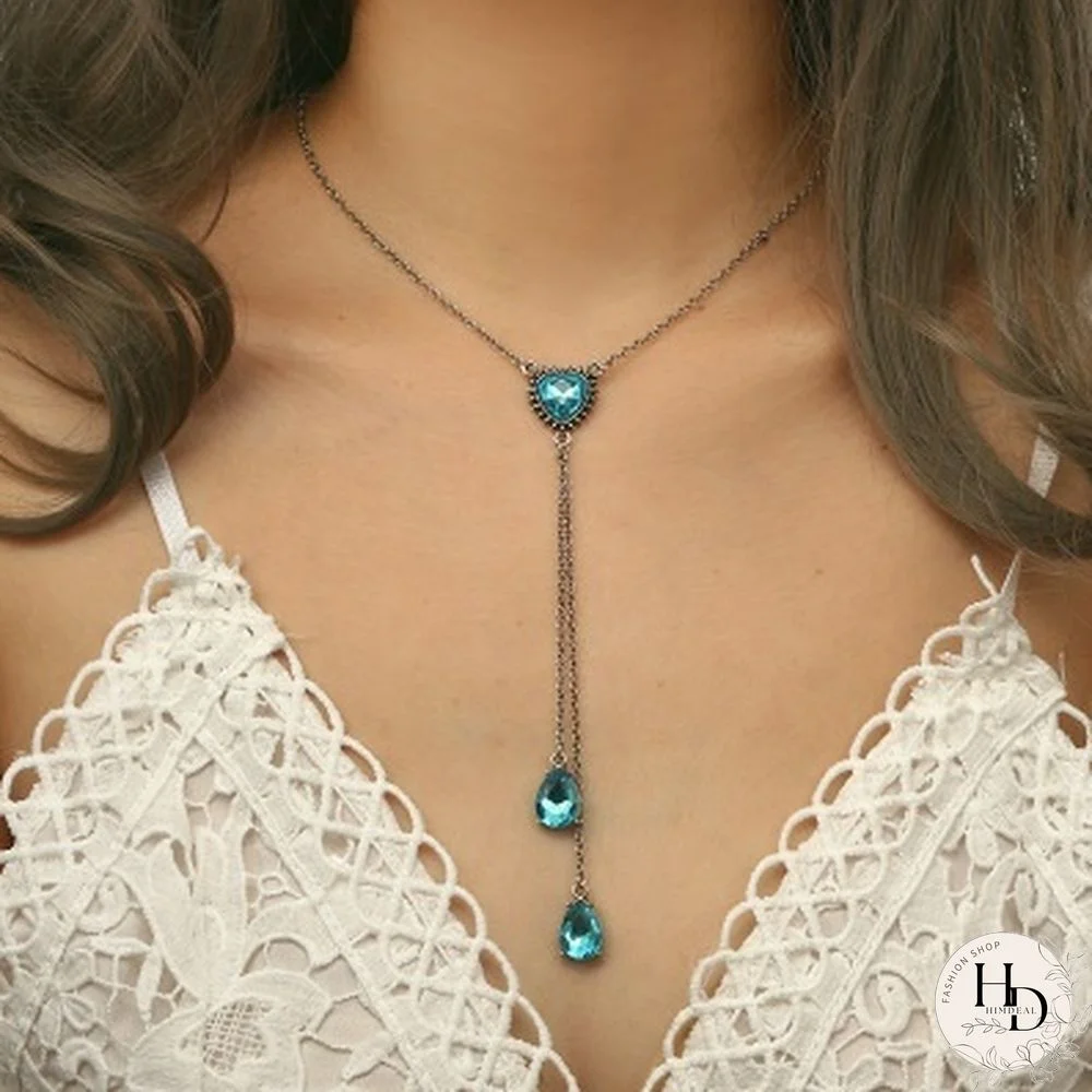 Exquisite Blue Sapphire Crystal Love Heart Water Drop Long Necklace Clavicle Chain For Women Jewelry