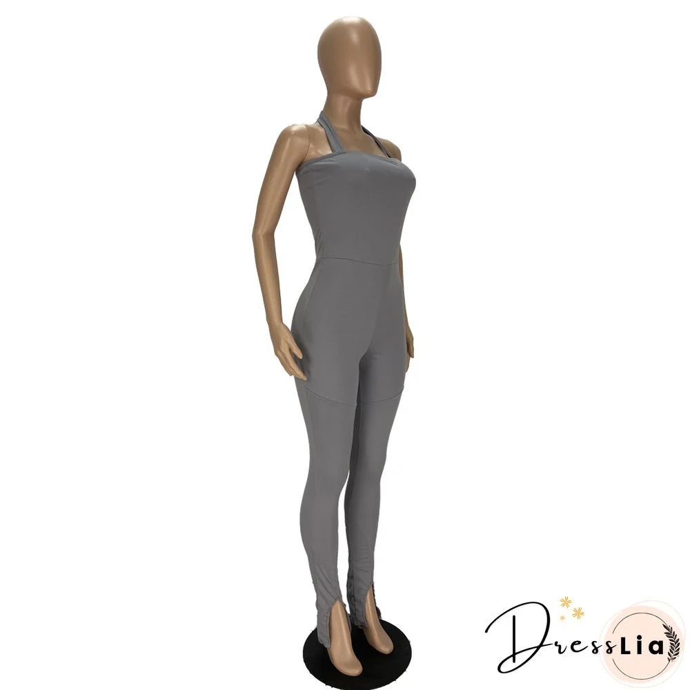Women Solid Color Sportswear Sleeveless Halter Bodycon Jumpsuits