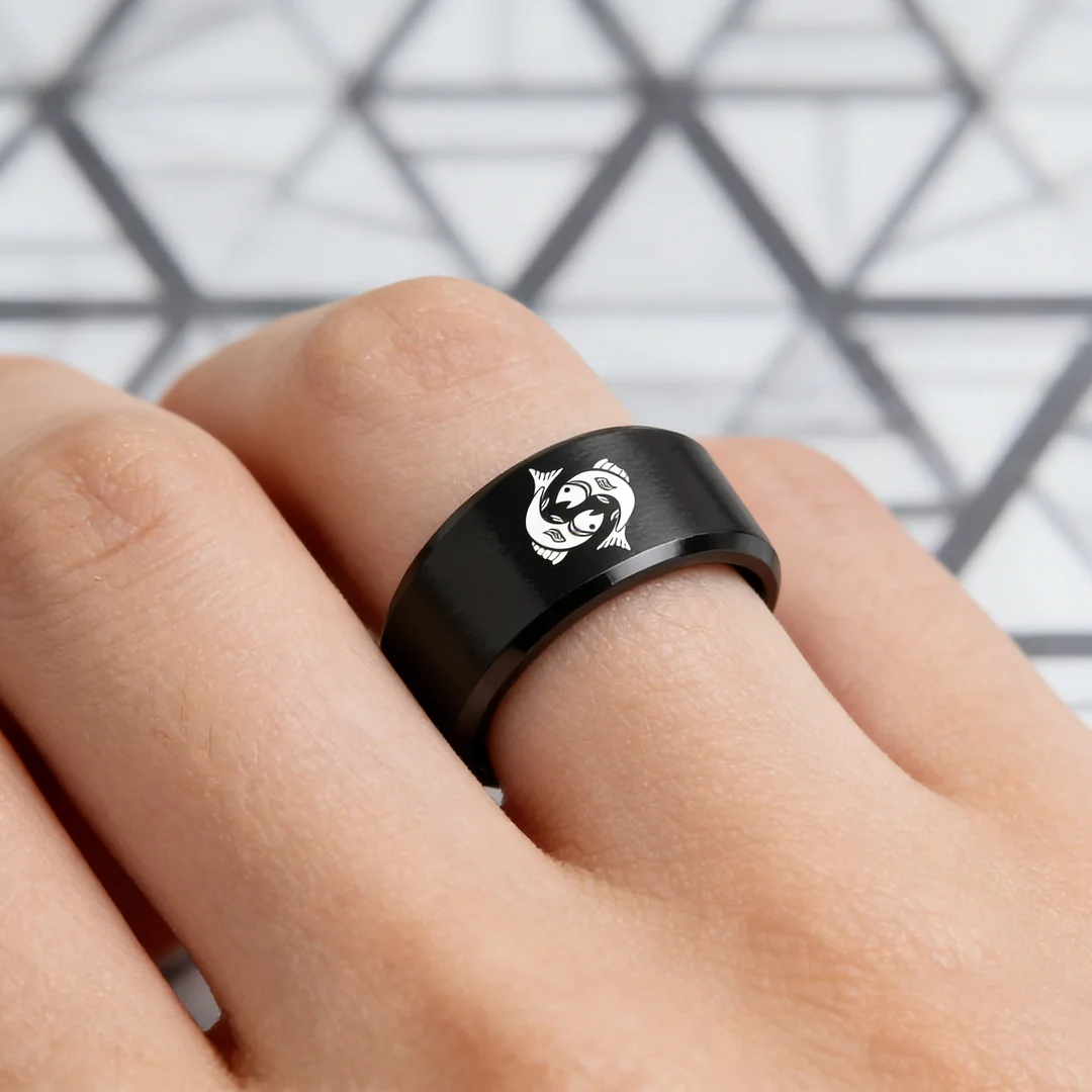 Mens Womens Black Pisces Tungsten Carbide Bands Black Edges and Laser Etched Wedding Rings Comfort Fit 4MM 6MM 8MM Width