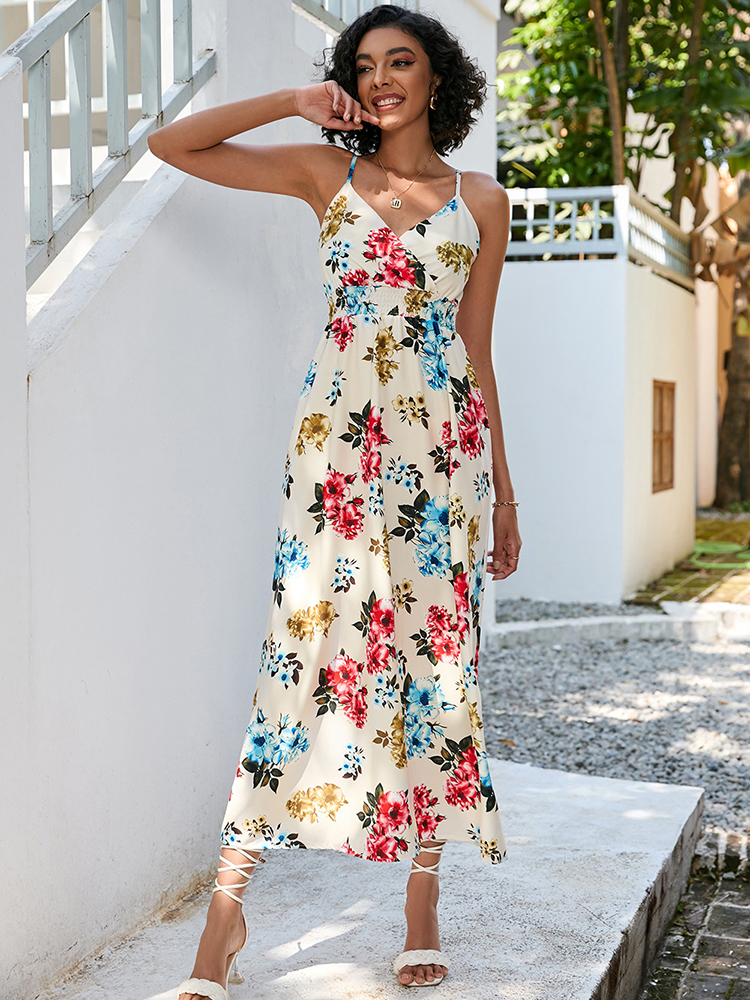 Korytires Summer Women V-neck Sleeveless Foral Long Becah Dress, Womans Clothing,White Dresses For Women ,Summer Clothes Women 2025