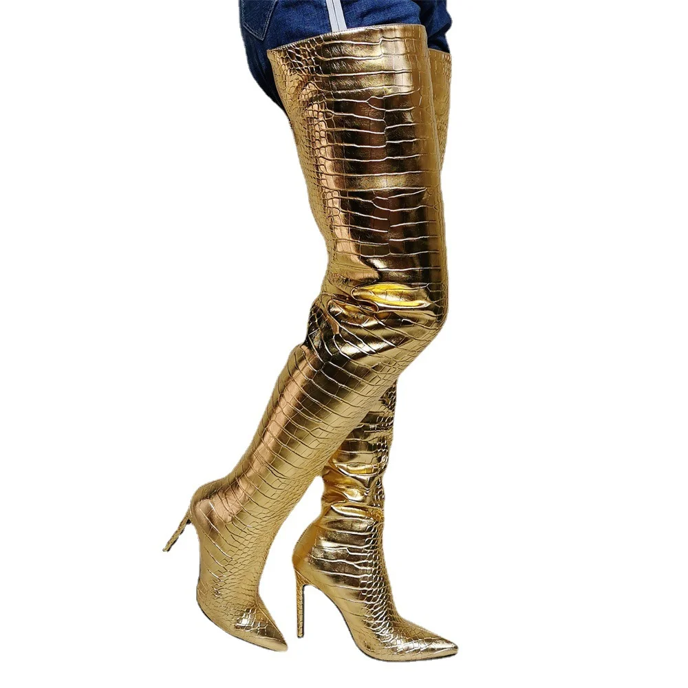 Women's Sexy Pointed Toe Shiny Leather Zipper Stiletto Plus Size Gold Long Over the Knee High Boots Novameme