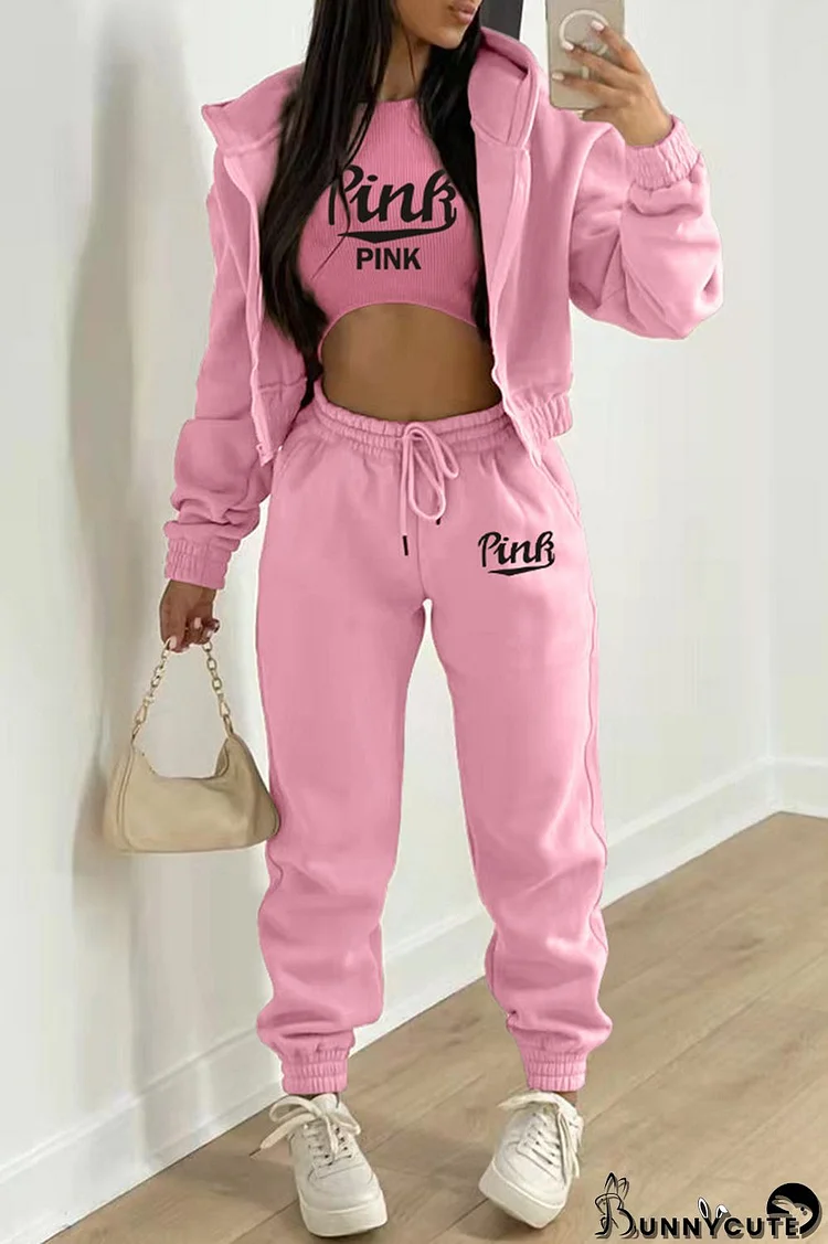 Pink Fashion Casual Letter Print Cardigan Vests Pants Hooded Collar Long Sleeve Three-piece Set