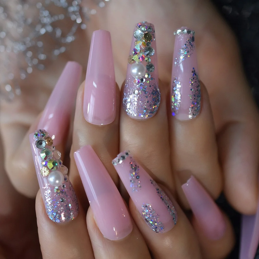 Gorgeous Rainbown Nails Coffin Shape 3D Crystal Decorative Faux Ongles Ombre Pink Blue Yellow Fashion Fake Nails Tip-Nail Inspo