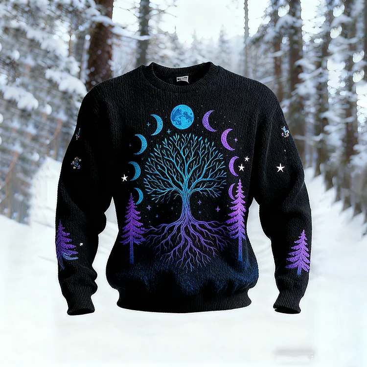 Men's Retro Viking Style Tree Of Life Pattern Crew Neck Comfortable Knit Sweater