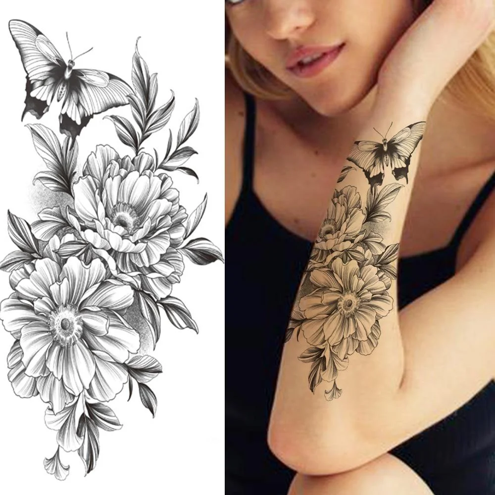 Large Realistic Flower Fake Tattoo Stickers For Woman Female Azalea Snake Flower Temporary Tattoos Body Art Water Transfer Tatoo 1103