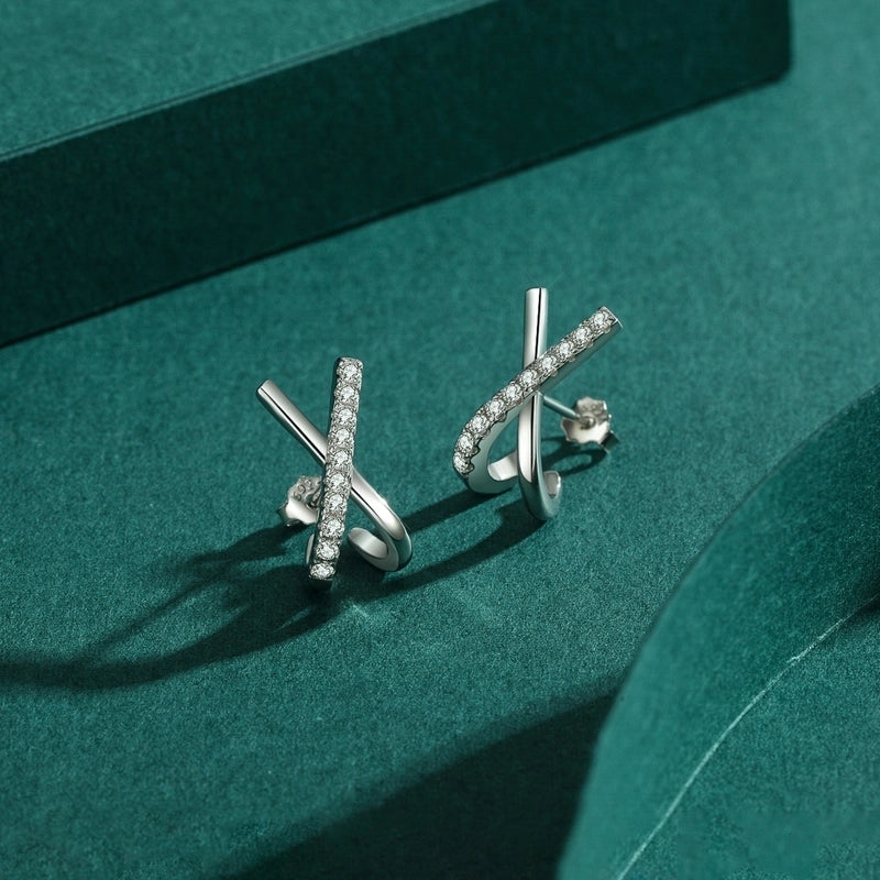 1 Pair 14K Gold Plated Rhodium Plated 925 Sterling Silver Zircon X-Shaped Solid Color Ear Studs