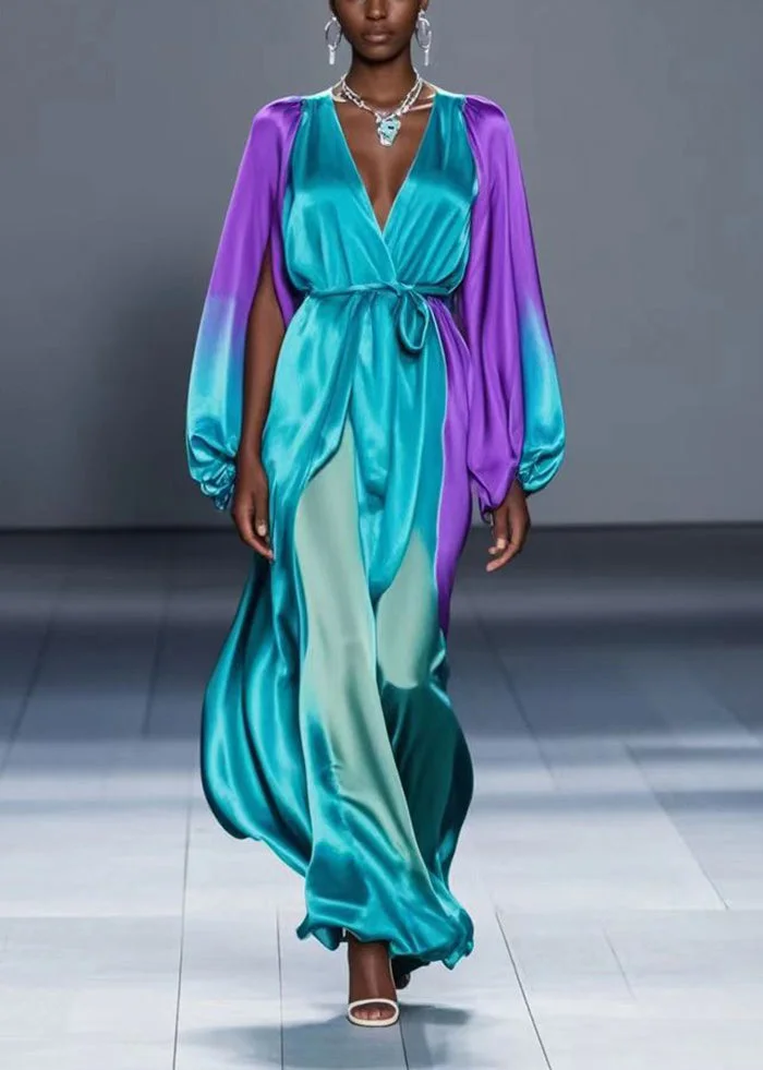 Silm Fit Gradient Color V Neck Draping Silk Dress Cloak Sleeves