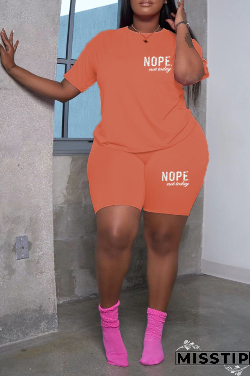 Orange Street Print O Neck Plus Size Two Pieces