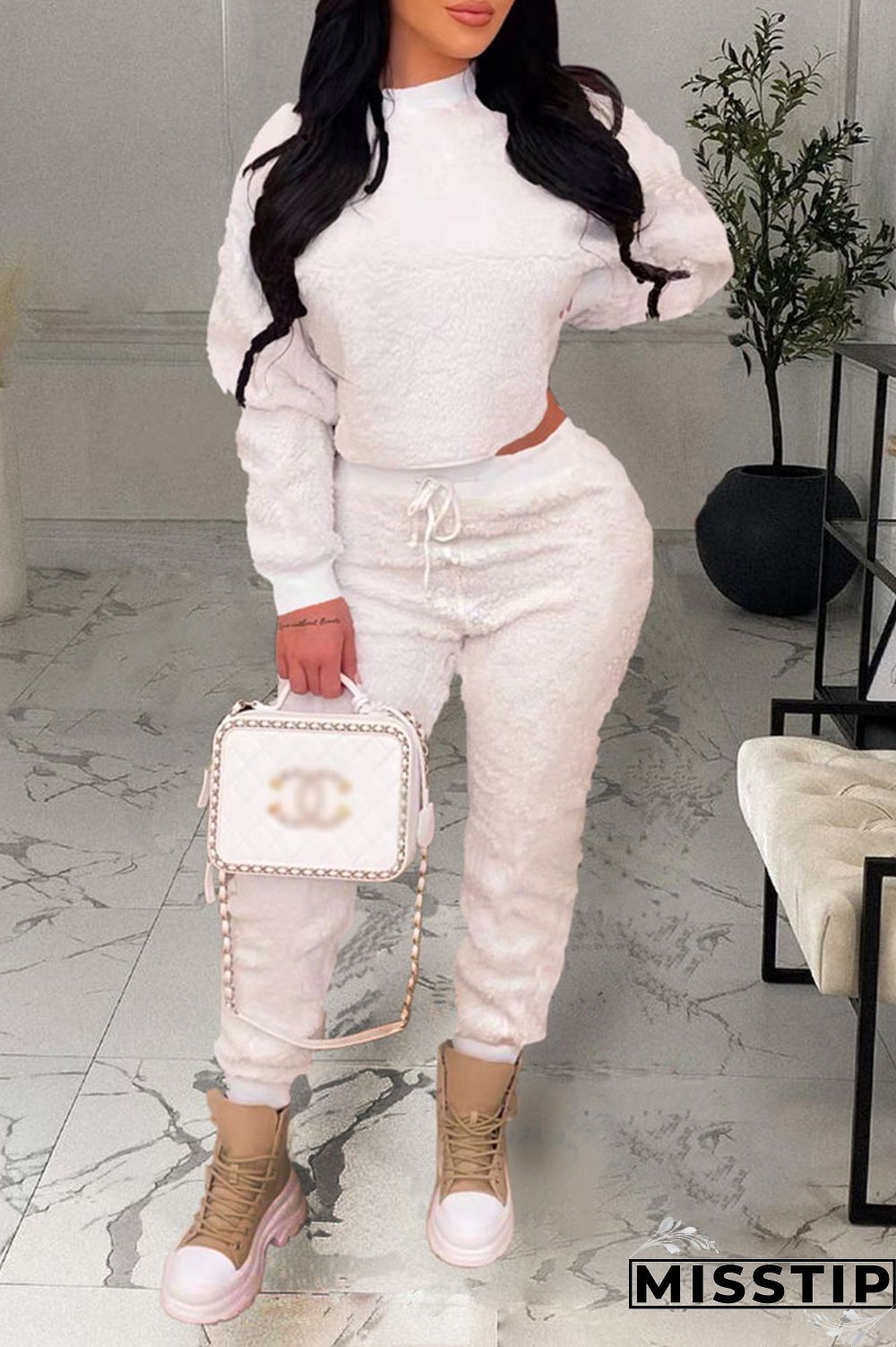 White Casual Solid Patchwork O Neck Long Sleeve Two Pieces