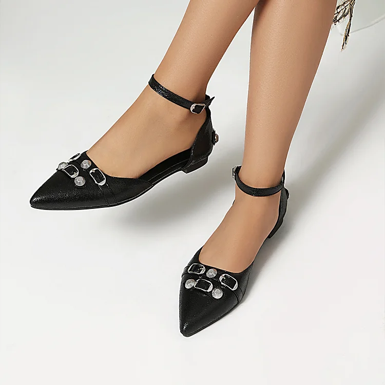 Metallic Sheen Pointed Toe Metal Rivets Decor Ankle Strap Buckle Flats