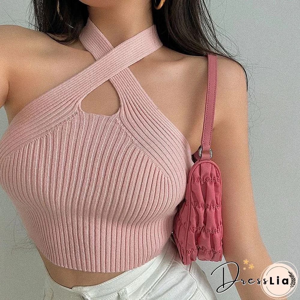 Crinkle Wide Ribbed Rib Criss Cross Halter Crop Top