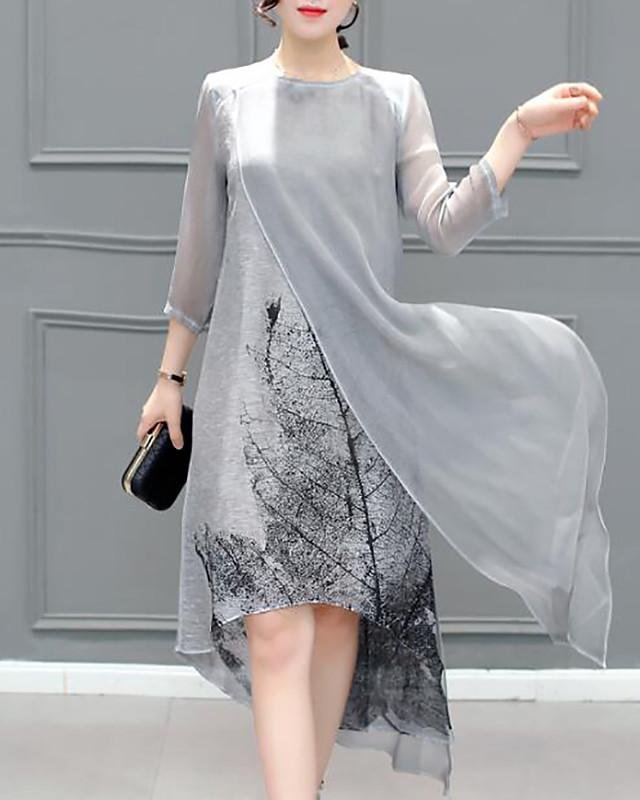 Women's Chiffon Dress Knee Length Dress - 3/4 Length Sleeve Print Layered Summer Plus Size Hot Going out Gray S M L XL XXL 3XL 4XL 5XL - VSMEE