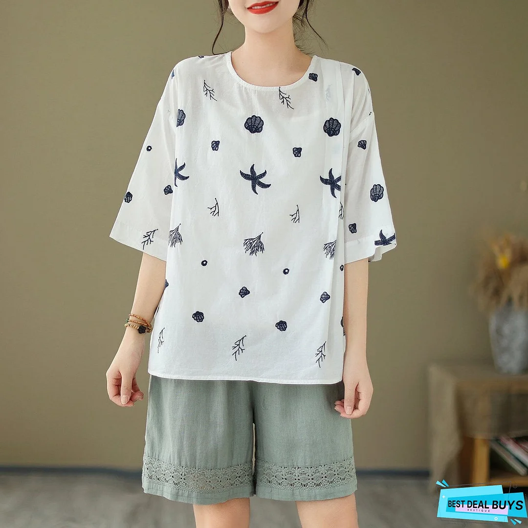 Women Summer Loose Casual Embroidery T-Shirt