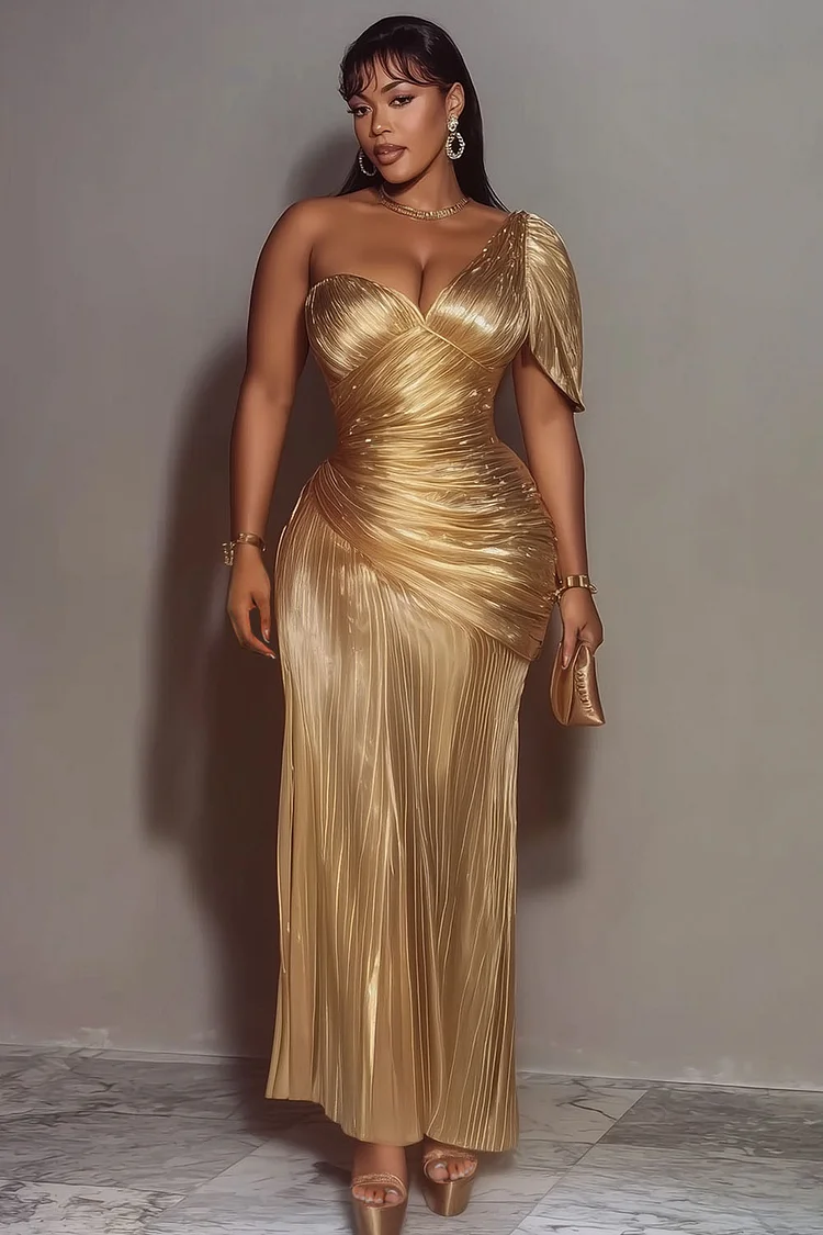 One Shoulder Wrinkle Wrapped Metallic Party Maxi Dresses-Gold [Pre Order]